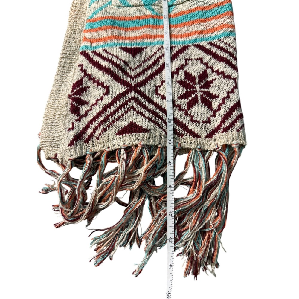 Demanding Womens M Aztec Cardigan Duster Hooded Fringe Southwestern Boho - Picture 7 of 11